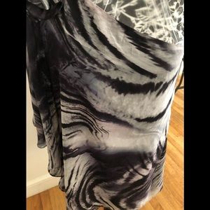 One shoulder large purple & black lined silky top draped ruffle detail